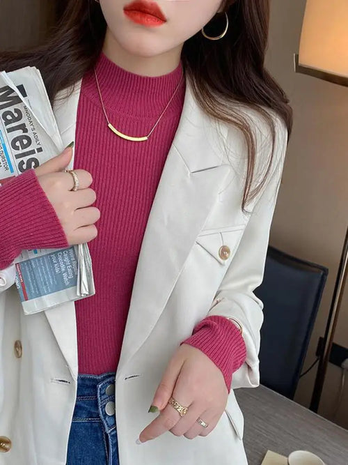 Autumn Winter Mock Neck Women Sweater Vintage Basic Solid Knitted