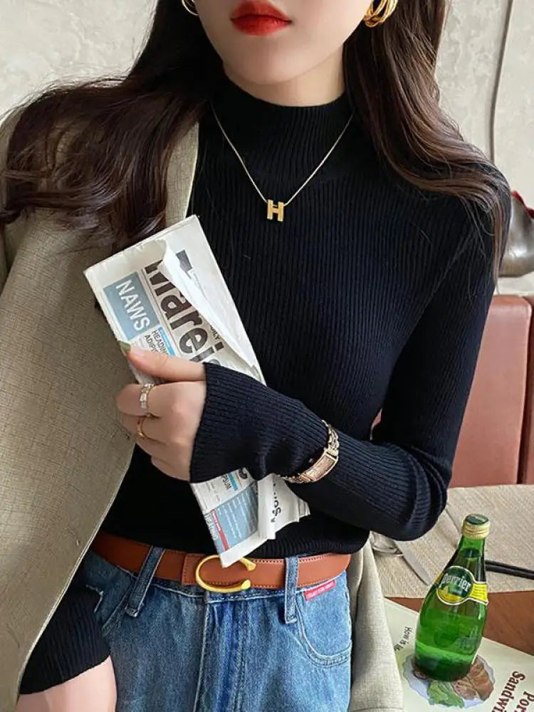Autumn Winter Mock Neck Women Sweater Vintage Basic Solid Knitted
