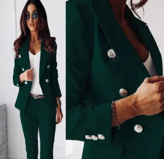 Office 2 Piece Sets Woman Spring Fall Fashion V-neck Long Sleeve Blazer Coat Elegant Trousers Set Slim Temperament Suit Outfit
