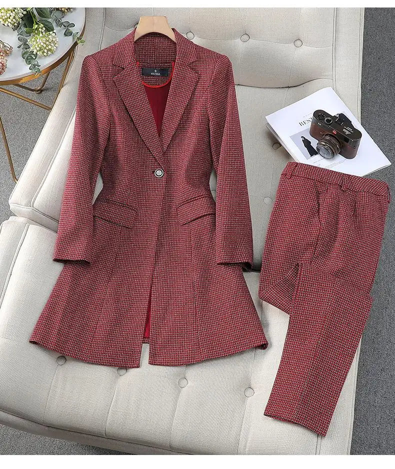 Autumn Winter Women Formal Office Lady Business Two Pieces Set Slim Plaid Blazer Long Coat And High Waist Ankle-length Pant Suit