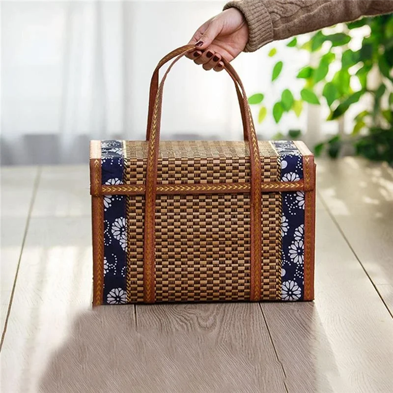 NOCM Picnic Woven Basket Wicker Storage Bag Handle Folded Fruit Shopping Food Handle Rattan Grass Foldable Bamboo Basket