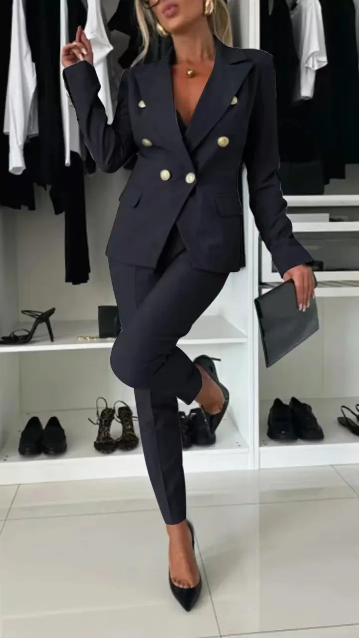 Office 2 Piece Sets Woman Spring Fall Fashion V-neck Long Sleeve Blazer Coat Elegant Trousers Set Slim Temperament Suit Outfit