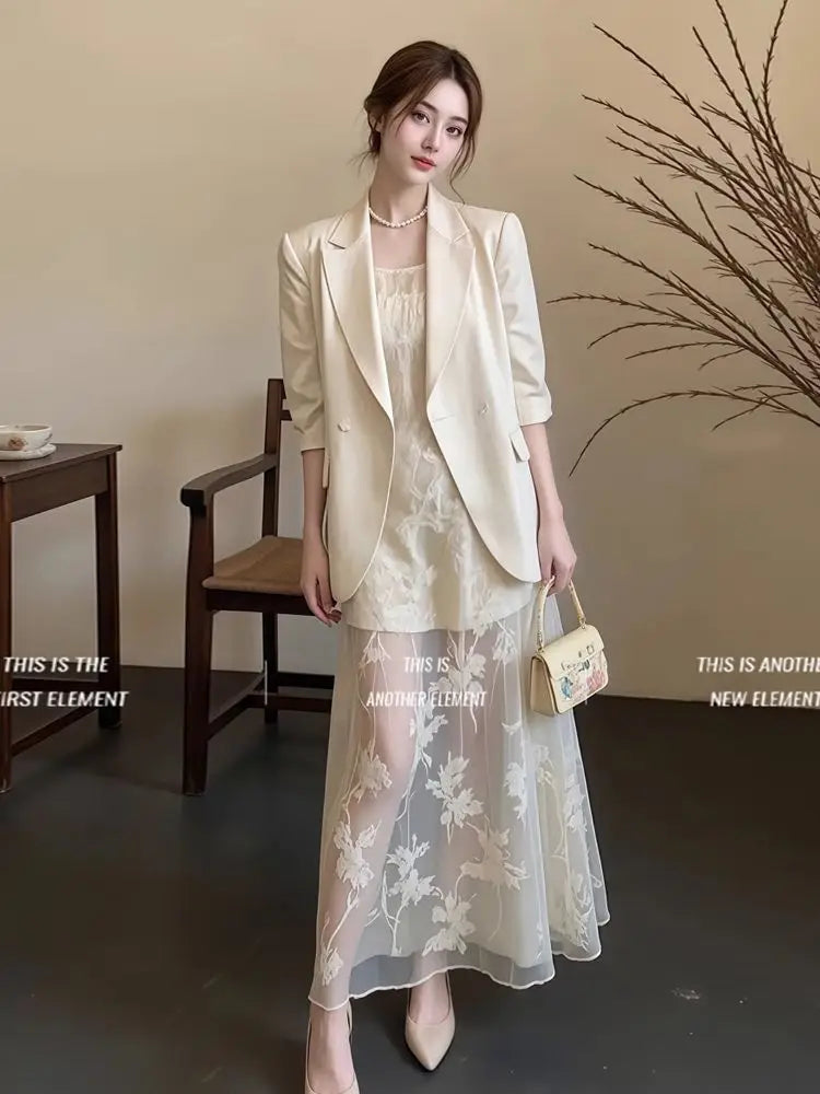 Blazer Oversize Women Women'S Summer Suit Satin-Effect Romantic Wash Simplicity Ruffle Skinny Translucent Delicate Overlay