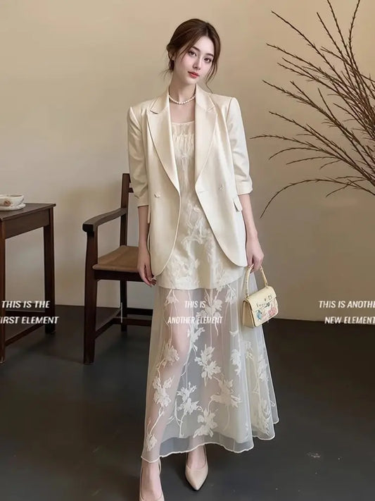 Blazer Oversize Women Women'S Summer Suit Satin-Effect Romantic Wash Simplicity Ruffle Skinny Translucent Delicate Overlay