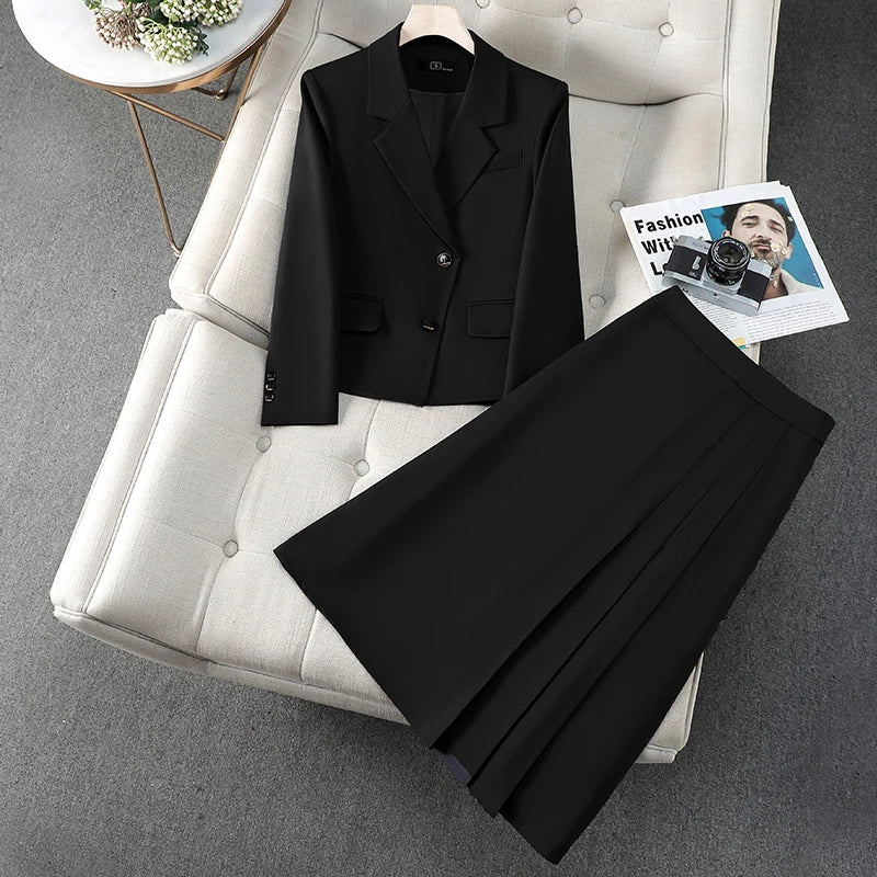 ZJYT Autumn Winter Women Blazer Suit Jacket and Skirt Two Pieces Matching Sets Office Lady Vintage Casual Suits Plus Size Outfit