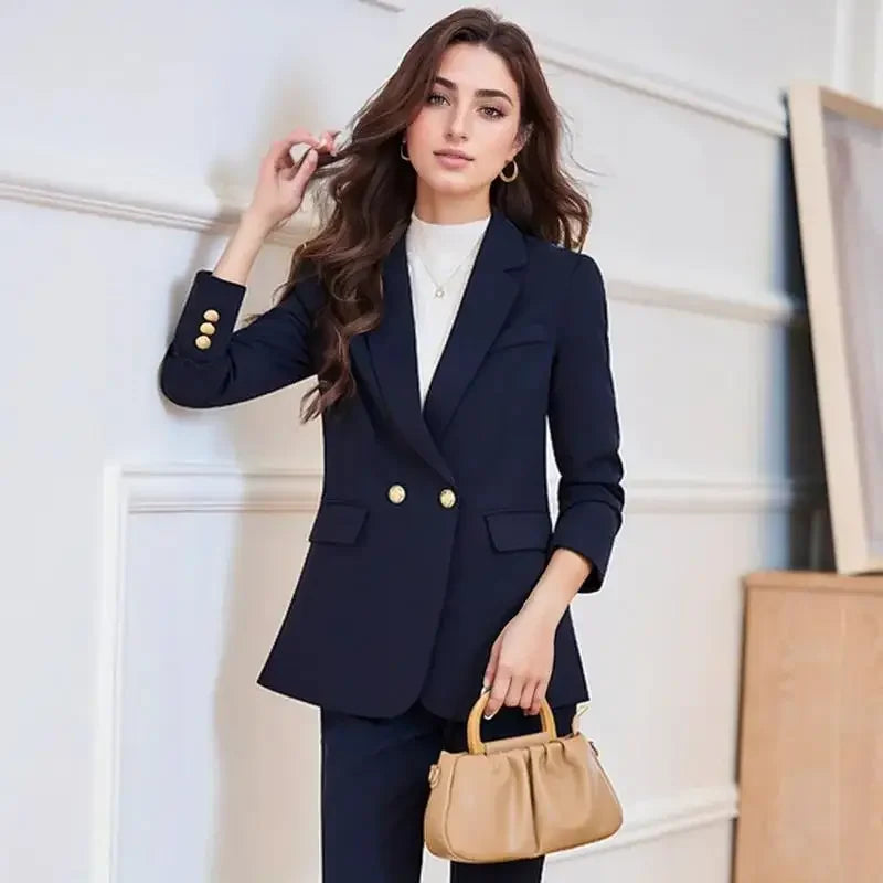 Pop Autumn Elegant Formal Business Blazer Suit Pant Sets For Women 2 Pieces Long Sleeve Jacket Trousers Sets Plus Size Outfit