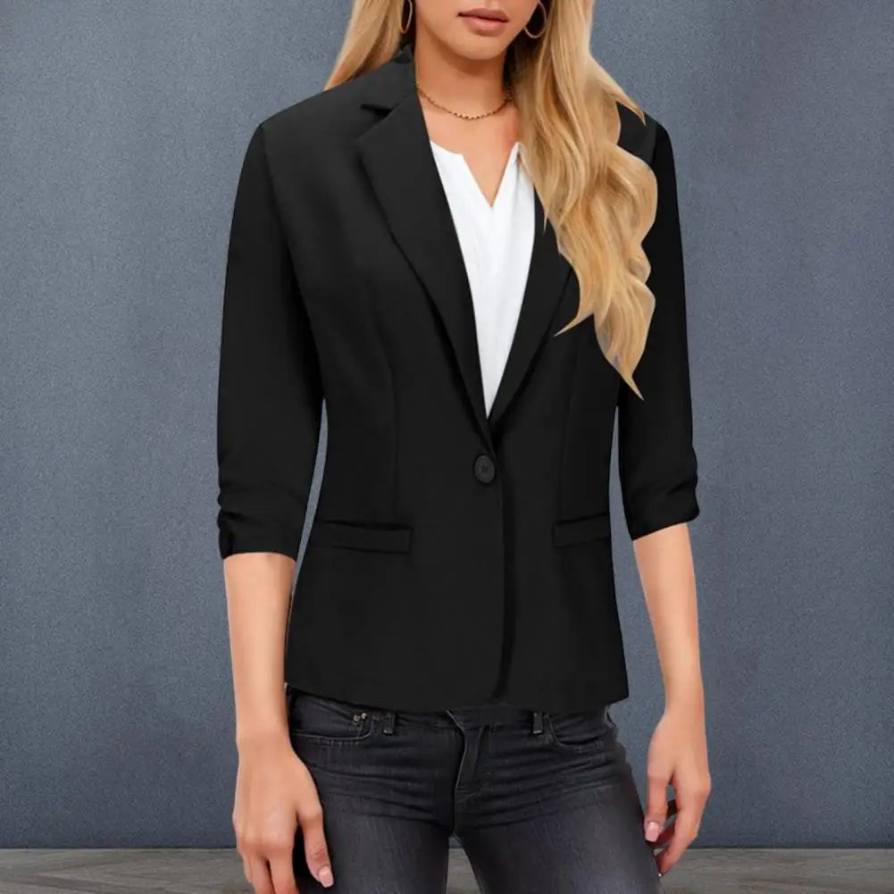 Women Black Suit Coat Lapel 3/4 Sleeve Single Button Suit Jacket With Pockets Solid Color Commuting Style Business Outerwear