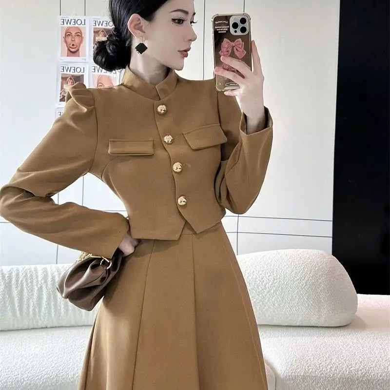 Insozkdg Elegant Long Skirt Set Women Korean Fashion Vintage Office Lady Chic Formal Occasion Casual Slim Evening Two Piece Suit