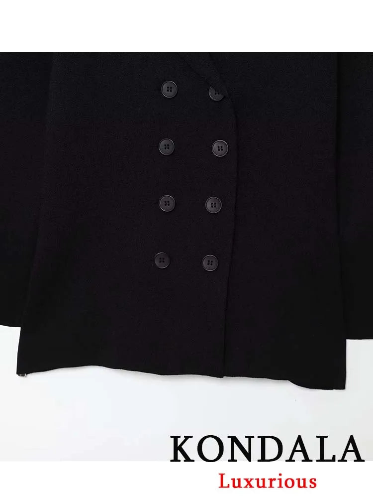KONDALA Vintage Office Lady Black Solid Suit Notched Double Breasted Blazer Long Straight Skirt Fashion 2025 Autumn Female Sets