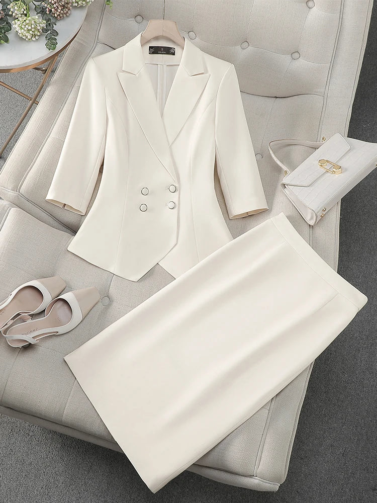 Fashion Women Formal Blazer Skirt Suit Ladies Blue Apricot Pink Female Two Piece Set For Spring Summer