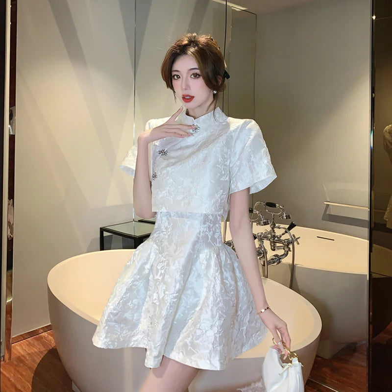 Chinese Style Sweet & Cool Qipao Dress Set - Retro Short Top + Slim Slip Dress with Low Back Two-Piece Outfit for Women Female