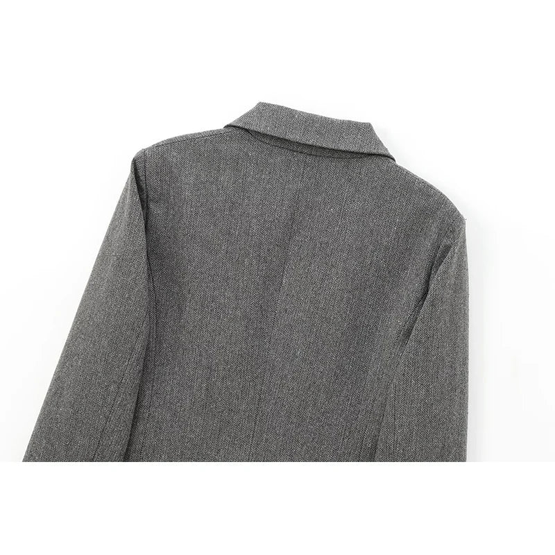 YENKYE Autumn Women Gray Double Breasted Crop Blazer Long Sleeve Lapel Collar Office Lady Elegant Suit Coat High Street Outfits