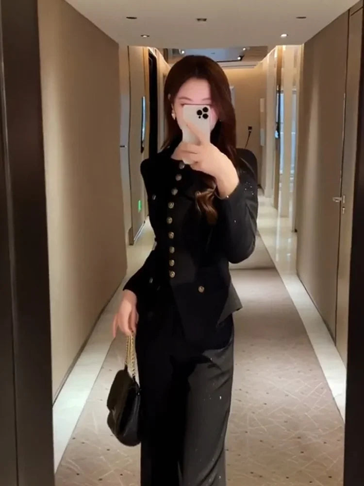 Autumn Women Clothing High End Temperament Black Slim Long Sleeve Top Wide Leg Pants Korean Fashion Two Piece Sets Women Outfits