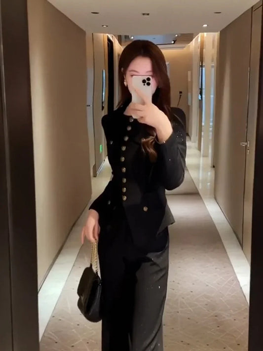 Autumn Women Clothing High End Temperament Black Slim Long Sleeve Top Wide Leg Pants Korean Fashion Two Piece Sets Women Outfits