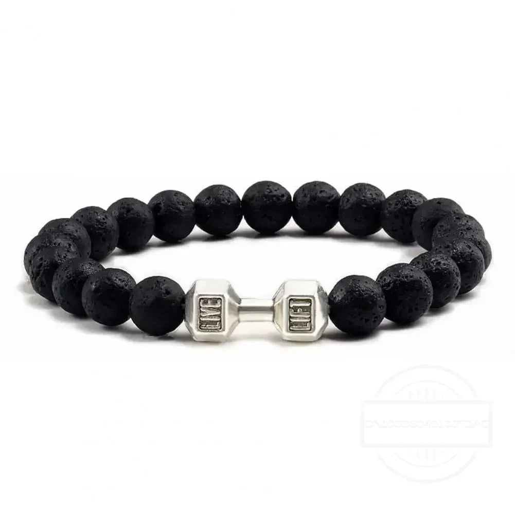 High Quality Men's Beaded Bracelet Natural Black Matte Agate Dumbbell Charm Bracelet Energy Fitness Barbell Fashion Jewelry