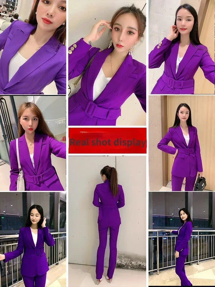 Two Piece Formal Suits Fashion Suit Office Ladies Women's Pantsuit Purple Business Classic with Belt Blazer Straight Pants Set