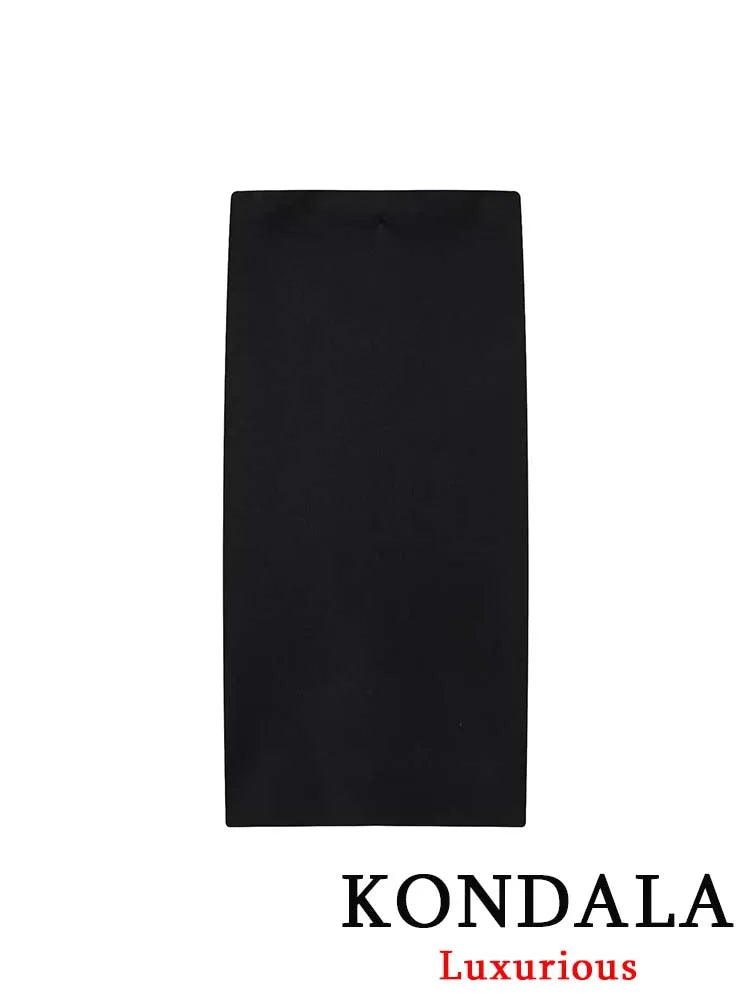 KONDALA Vintage Office Lady Black Solid Suit Notched Double Breasted Blazer Long Straight Skirt Fashion 2025 Autumn Female Sets