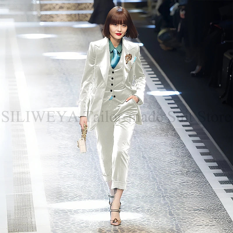 Luxury Green Velvet Winter Clothes for Women 3 Pieces Jacket Pants Vest Female Suits Formal Office Banquet Lady's Blazers Sets