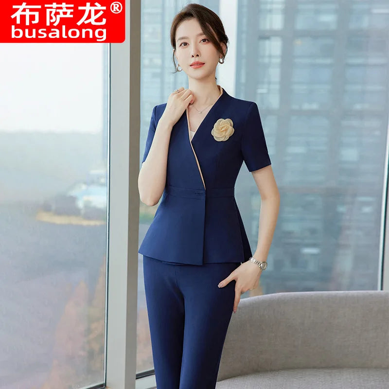 Professional Outfit Elegant Goddess Style Summer Hotel Front Desk Uniform Sales Office Suit Women Short Sleeve Jewelry Store Wor