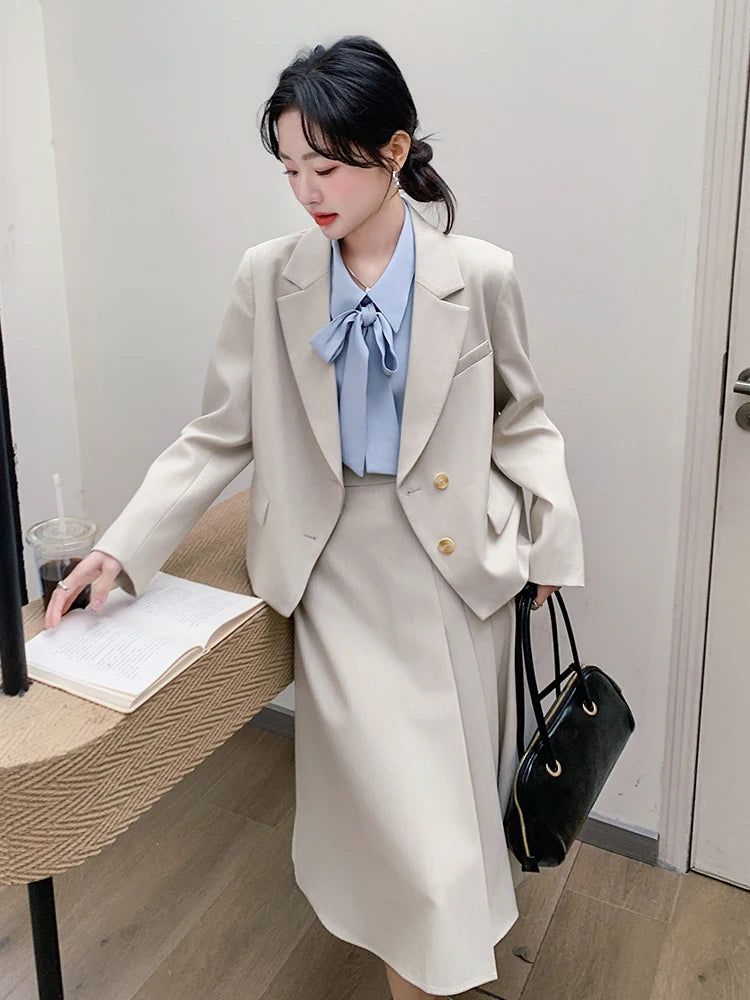 Women's Elegant Fashion Formal 2 Piece Outfit Professional Loose Tops Coat Blazer Pleated Skirt Suit Sets Casual Business Spring