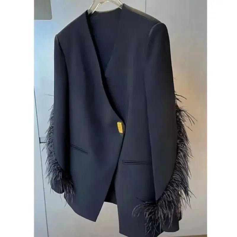 Luxury Spring Autumn Jacket Suit Coats Women Design Blazers Single Button Feather Outerwear Black Blazer Office Ladies Trend New