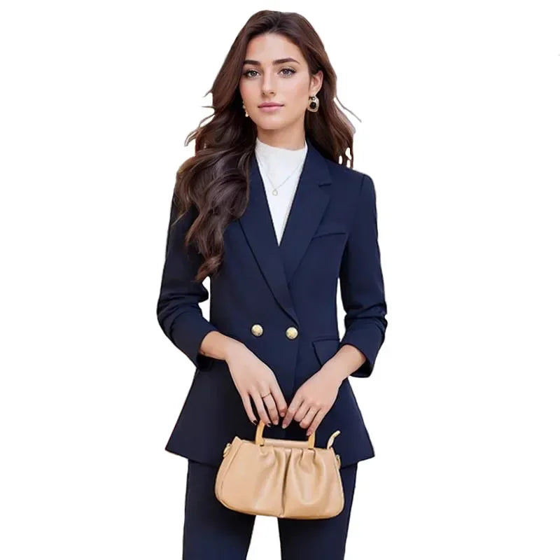 Pop Autumn Elegant Formal Business Blazer Suit Pant Sets For Women 2 Pieces Long Sleeve Jacket Trousers Sets Plus Size Outfit