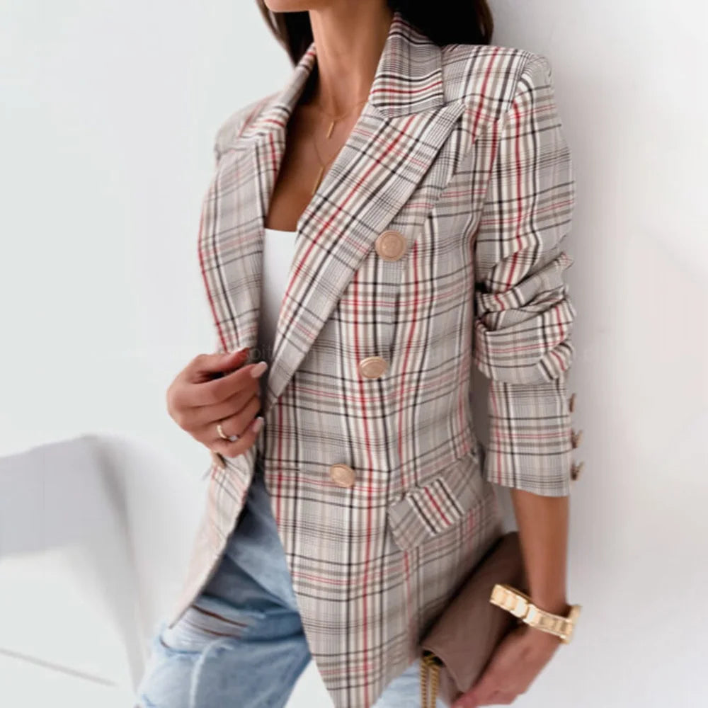 Plaid Blazer Jacket Women Spring Autumn Long Sleeve Casual Slim Blazers Khaki Woman Coats  Fall Elegant Office Suit Coat new