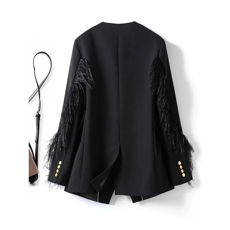 Luxury Spring Autumn Jacket Suit Coats Women Design Blazers Single Button Feather Outerwear Black Blazer Office Ladies Trend New