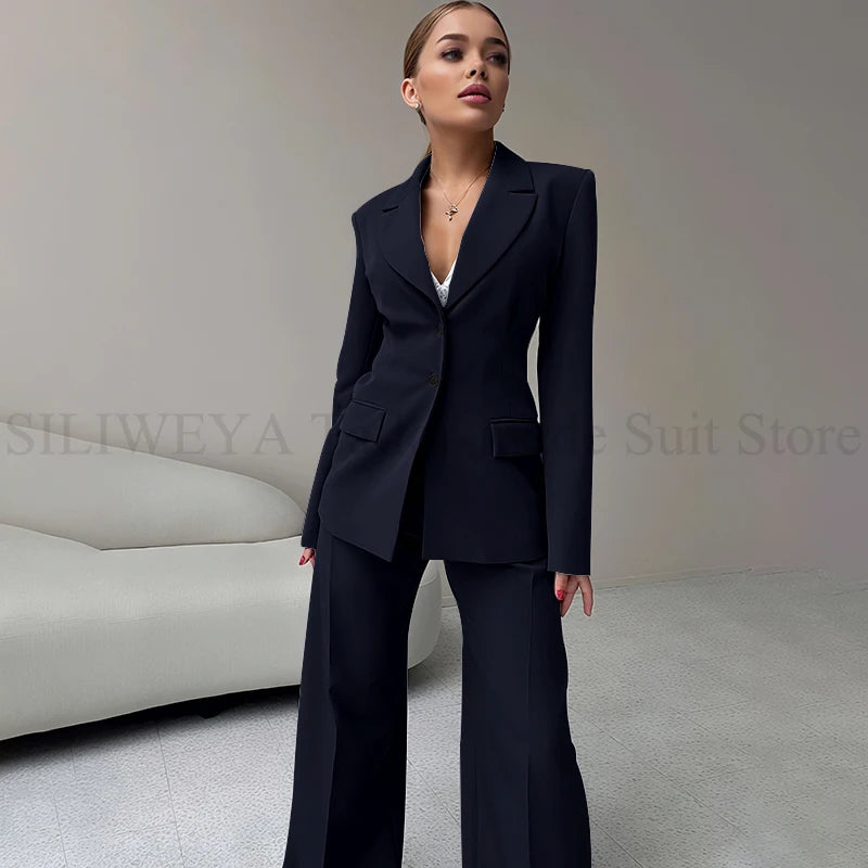 2024 Elegant Women Suit Two Piece Jacket Pants Single Breasted Female Clothing Slim Fit Formal Office Lady Wear Blazer Set