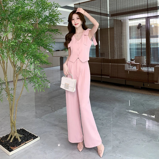 Insozkdg Belt Decorative Sleeveless Bow Tie Tie Vest Casual Wide Leg Pants Two Piece Elegant Women Pant Suit Office Outfits Sets