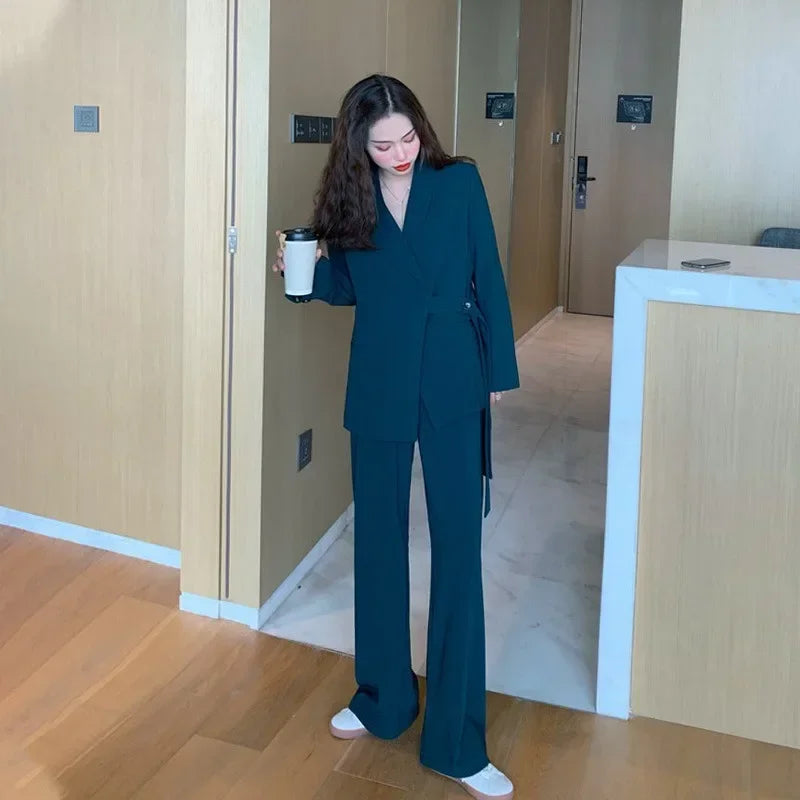 Insozkdg Vintage Two Piece Sets Lapel Loose Lace-up Blazers Tops + Wide Leg Pants Set 2024 Autumn Female Outfits Suit Set Women