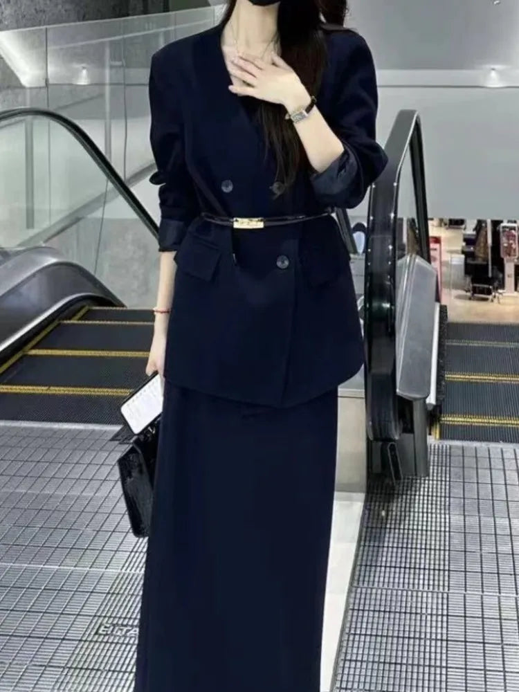 Korean Fashion Elegant Women Blazer Skirts Suit Casual Business Formal Suit Jackets Midi Saya 2 Pieces Set Female Chic Clothes