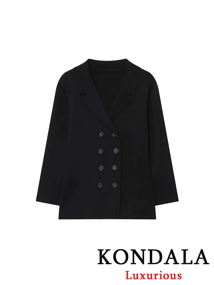 KONDALA Vintage Office Lady Black Solid Suit Notched Double Breasted Blazer Long Straight Skirt Fashion 2025 Autumn Female Sets