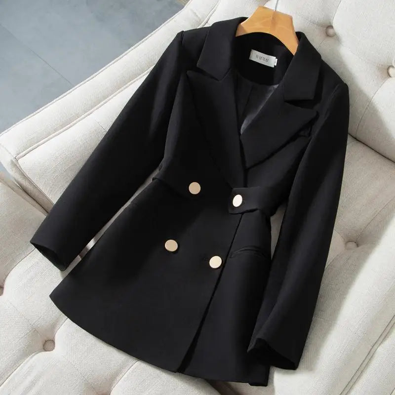 Women Chic Double Breasted Slim Blazers Femme Casual Solid Business Suits with Belt Vintage Office Lady Jackets Elegant Clothing