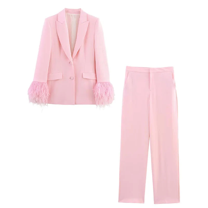 TRAFZA Women Fashion Pink Sets Turn-Down Collar Long Sleeves Single-Breasted Feather Blazer+High Waist Pocket Zipper Long Pants
