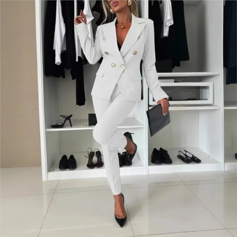 Office 2 Piece Sets Woman Spring Fall Fashion V-neck Long Sleeve Blazer Coat Elegant Trousers Set Slim Temperament Suit Outfit