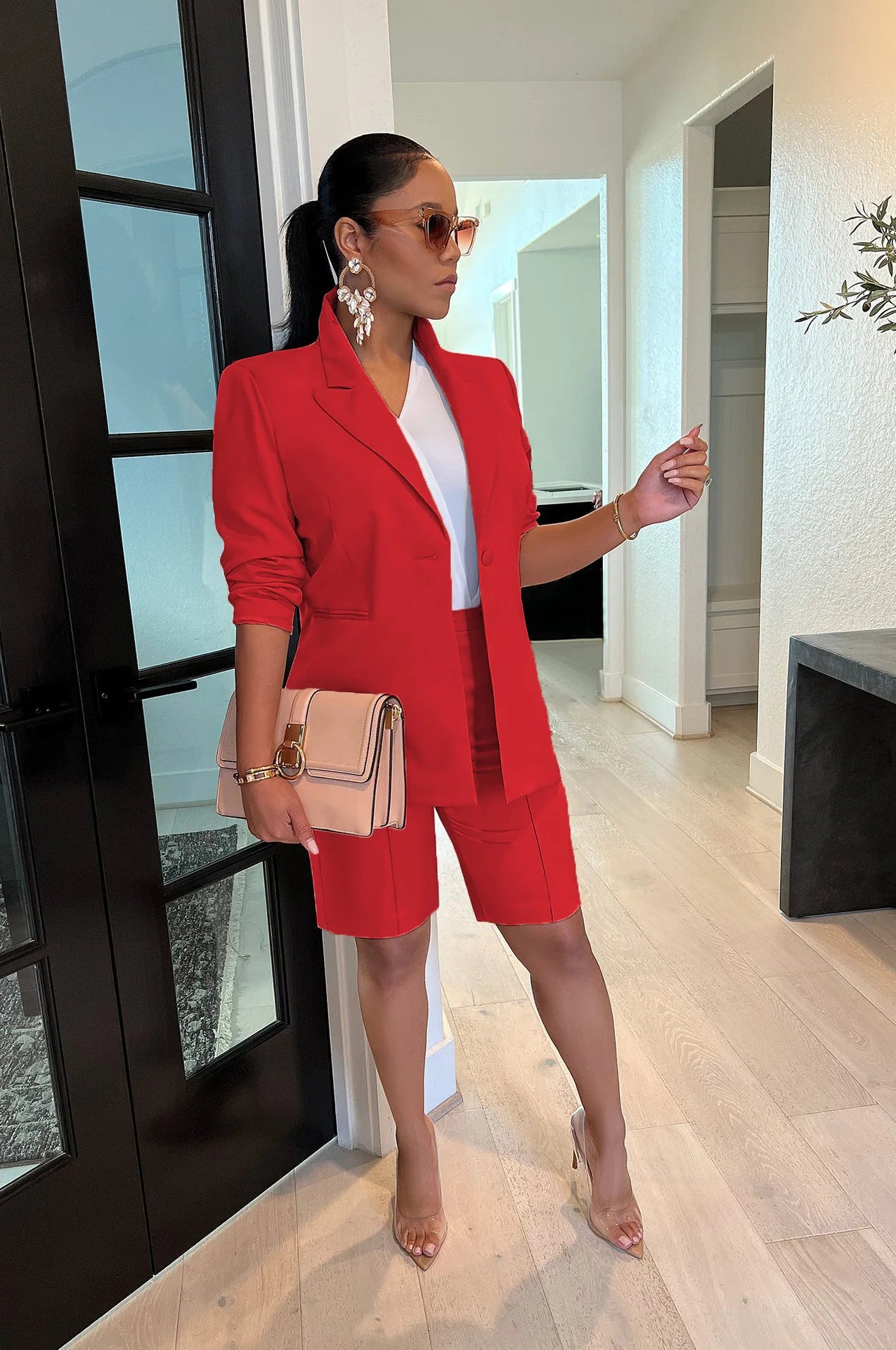 Office Lady Elegant Business Suits Solid Casual Two Piece Set For Women Matching Sets Outfits Long Sleeve Blazer Coat And Shorts