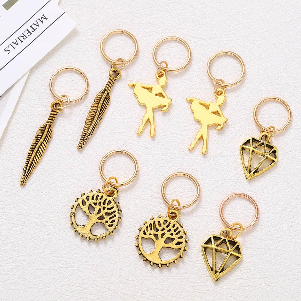 Feather Braid Hair Charms Gold Tree of Life Loc Jewelry Diamond African Dreadlock Accessories for Black Women (20PCS)