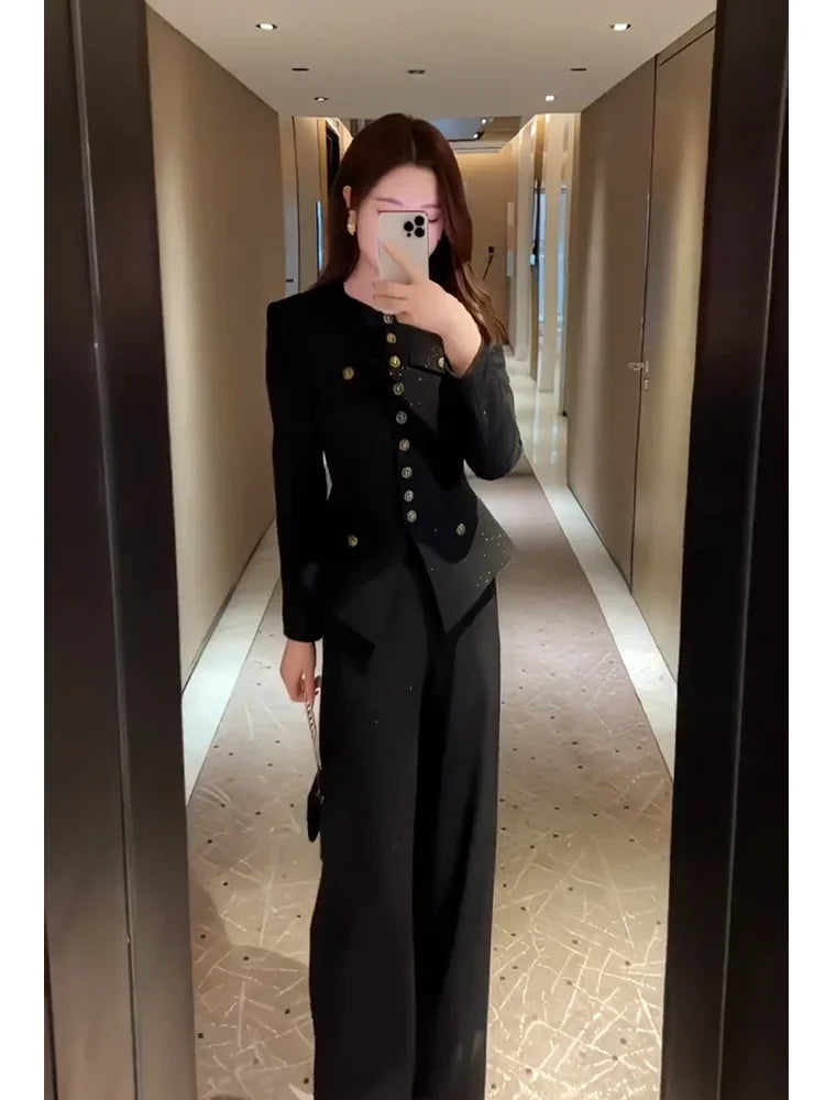 Autumn Women Clothing High End Temperament Black Slim Long Sleeve Top Wide Leg Pants Korean Fashion Two Piece Sets Women Outfits
