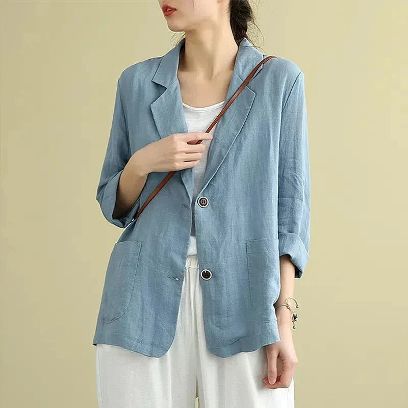 2025 NEW Summer Women Leisure Thin Blazer Jacket Korean Loose Solid Color Cotton Linen Small Suits Coat Female Casual Blazers