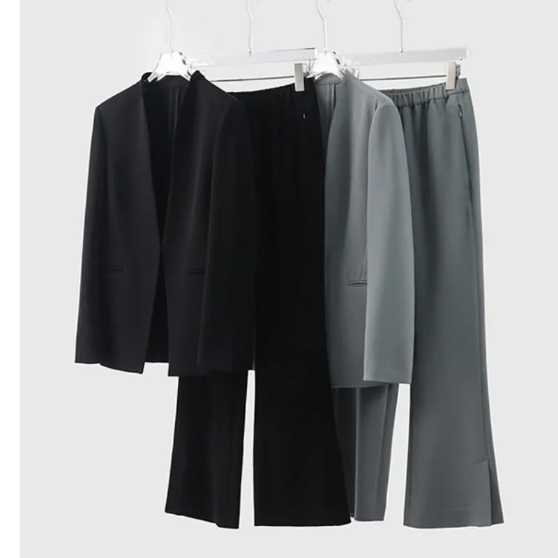 V-neck Outfits Casual Blazers Suits Slit Crop Flare Pants Sets Women Solid Triacetate Spring Autumn Slight Streh Elastic Waist