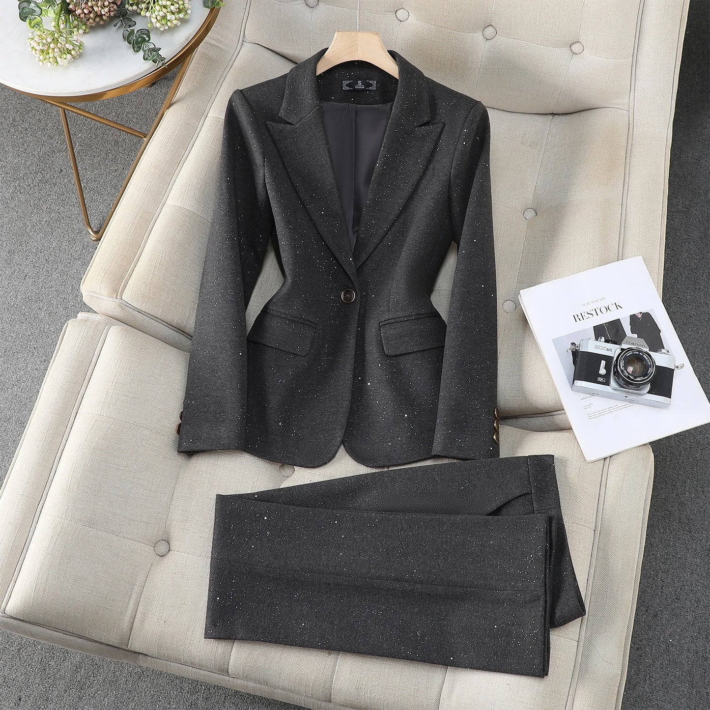 ZJYT Autumn Winter Women's Blazer and Pant Sets 2 Piece Outfit Office Lady Turn Down Collar Jacket Trousers Suit Plus Size 3XL