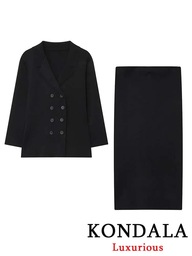KONDALA Vintage Office Lady Black Solid Suit Notched Double Breasted Blazer Long Straight Skirt Fashion 2025 Autumn Female Sets