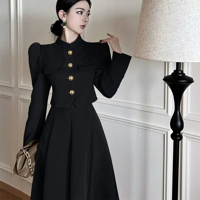 Insozkdg Elegant Long Skirt Set Women Korean Fashion Vintage Office Lady Chic Formal Occasion Casual Slim Evening Two Piece Suit