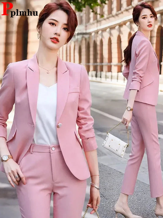 Korean Formal Skinny Long Sleeve Cardigan Tops Blazer Conjuntos Ol High Waist Straight Pants Outfit Women Office 2 Pieces Sets