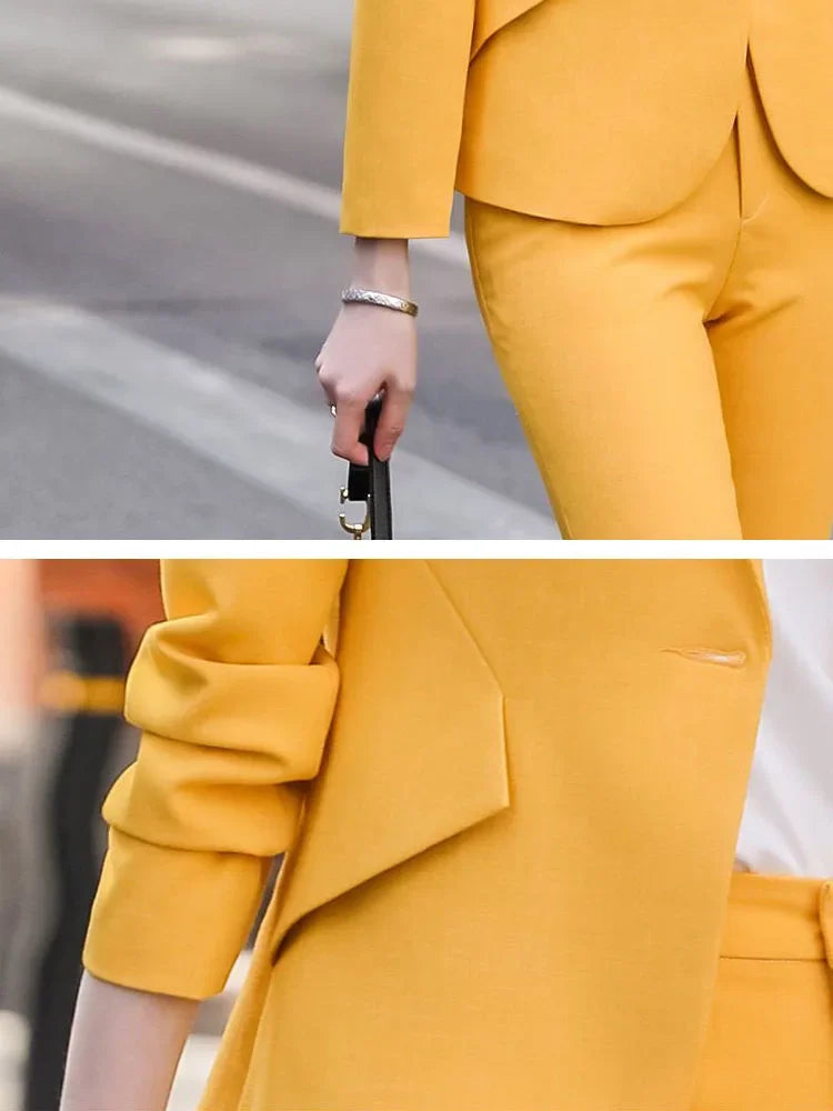 Korean Formal Skinny Long Sleeve Cardigan Tops Blazer Conjuntos Ol High Waist Straight Pants Outfit Women Office 2 Pieces Sets