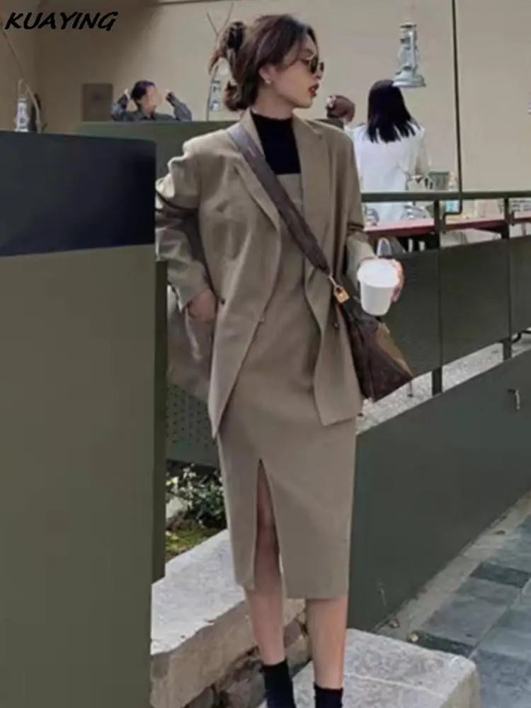 Korean Two Piece Women Sets Blazer Dress Suits Split Straps Bodycon Dresses Female Elegant Jacket Coat Autumn Female Outfits New
