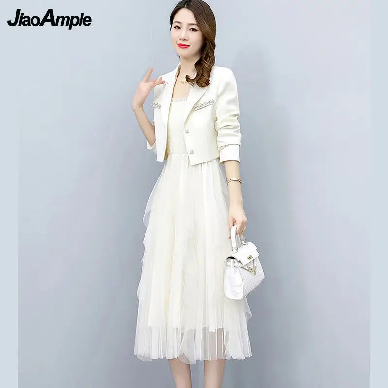 2025 Spring Autumn New Diamond-studded Short Suit Coat Dress Two-piece Women's Elegant Blazers Slim Suspender Mesh Skirt Set