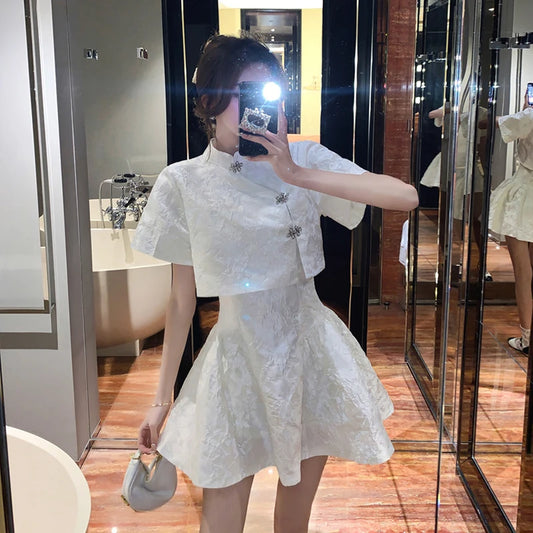 Chinese Style Sweet & Cool Qipao Dress Set - Retro Short Top + Slim Slip Dress with Low Back Two-Piece Outfit for Women Female