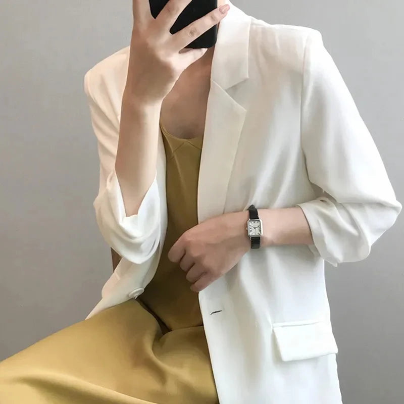 Chiffon Suit Coat Women's 2024 Summer New Korean Loose White Thin Long Blazers Jacket Solid Color Sunscreen Shirt Women Blazer